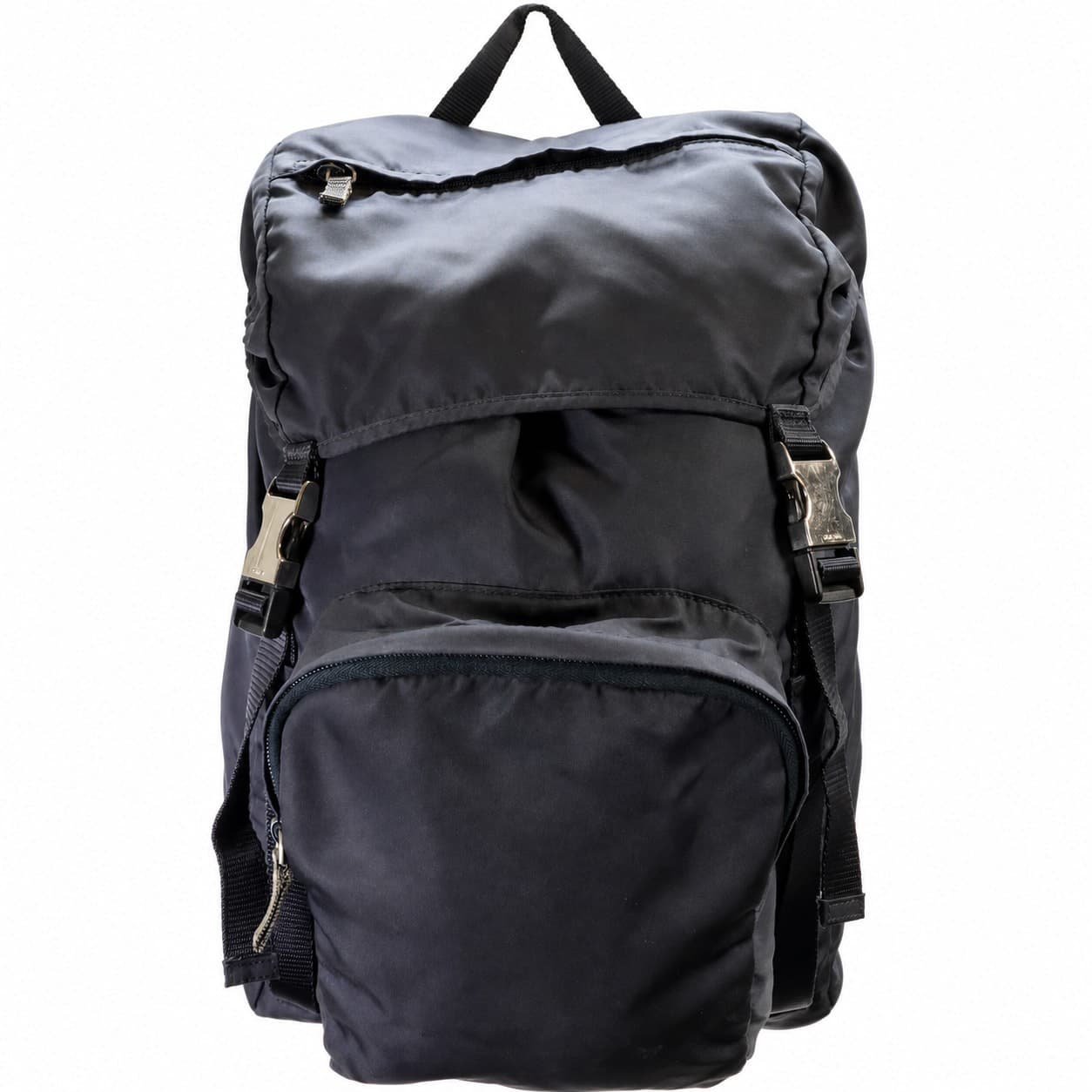 Prada Black Nylon Backpack Bag Silver Hardware Triangle Logo Tessuto handbags auction on bidia.ai