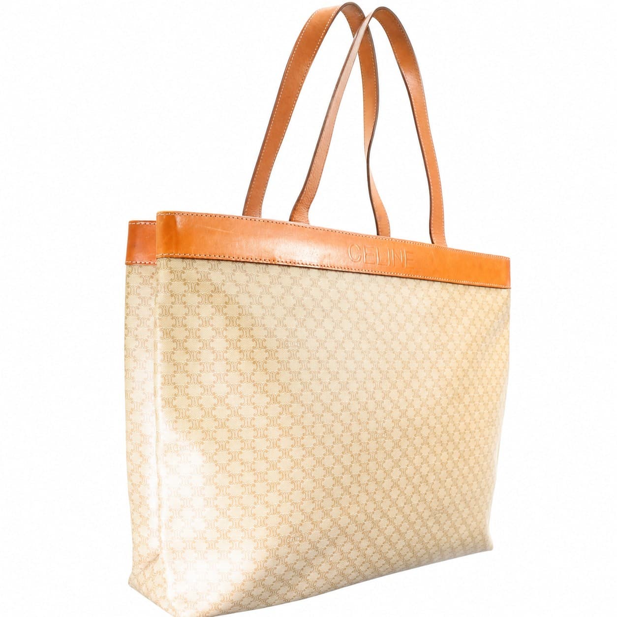 Celine Macadam Monogram Canvas Leather Tote Bag Handbag Purse Beige Tan handbags auction on bidia.ai