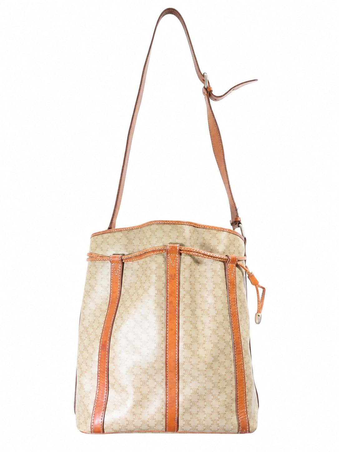 Celine Macadam Canvas Leather Bucket Bag Shoulder Bag Drawstring Beige Brown handbags auction on bidia.ai