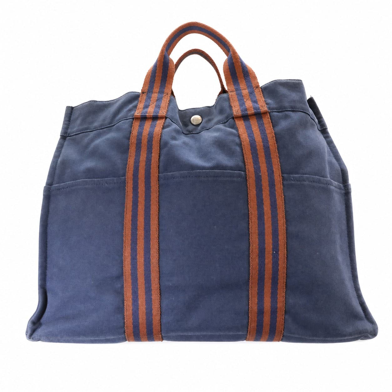 Hermès Navy Canvas Tote Handbag Bag Striped Handles Large handbags auction on bidia.ai