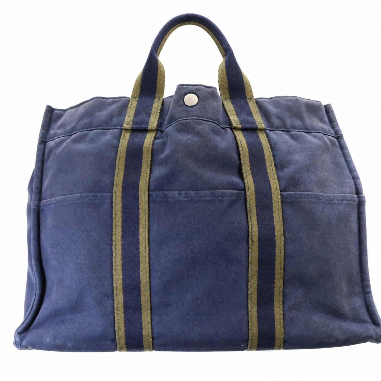Hermès Fourre Tout Canvas Tote Handbag Bag Navy Blue Tan Striped Top Handle handbags auction on bidia.ai