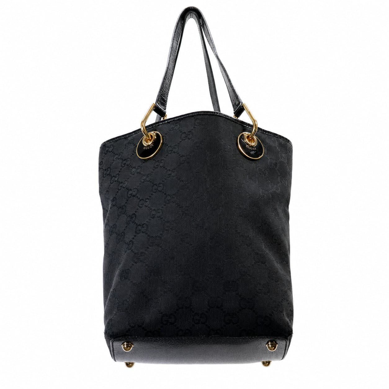 Gucci GG Canvas Tote Shoulder Bag Handbag Purse Black Patent Leather handbags auction on bidia.ai
