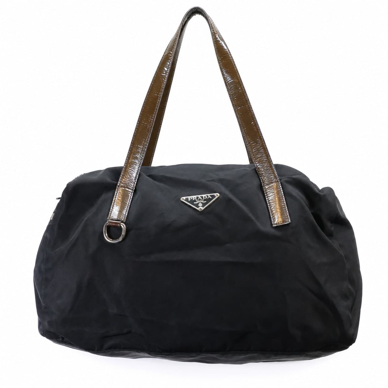 Prada Black Nylon Tessuto Shoulder Bag Handbag Purse Bronze Leather Handles handbags auction on bidia.ai