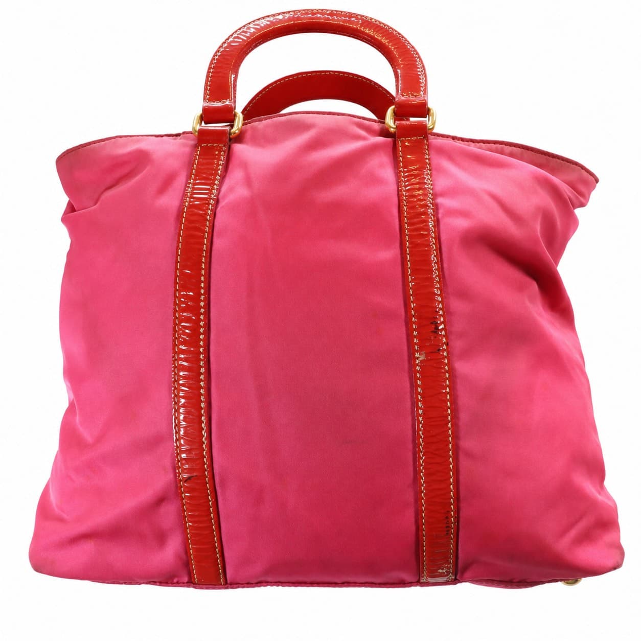 Prada Tessuto Nylon Patent Leather Pink Red Tote Handbag Shoulder Bag Purse handbags auction on bidia.ai