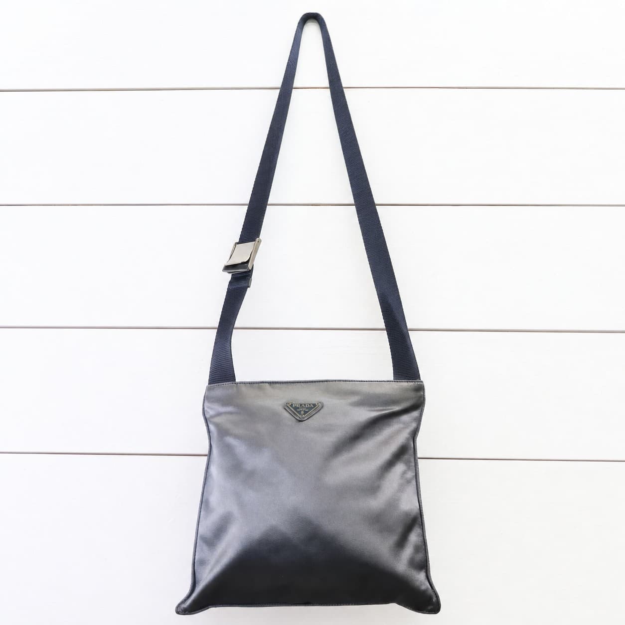 Prada Silk Crossbody Messenger Bag Handbag Purse Blue Silver Hardware handbags auction on bidia.ai