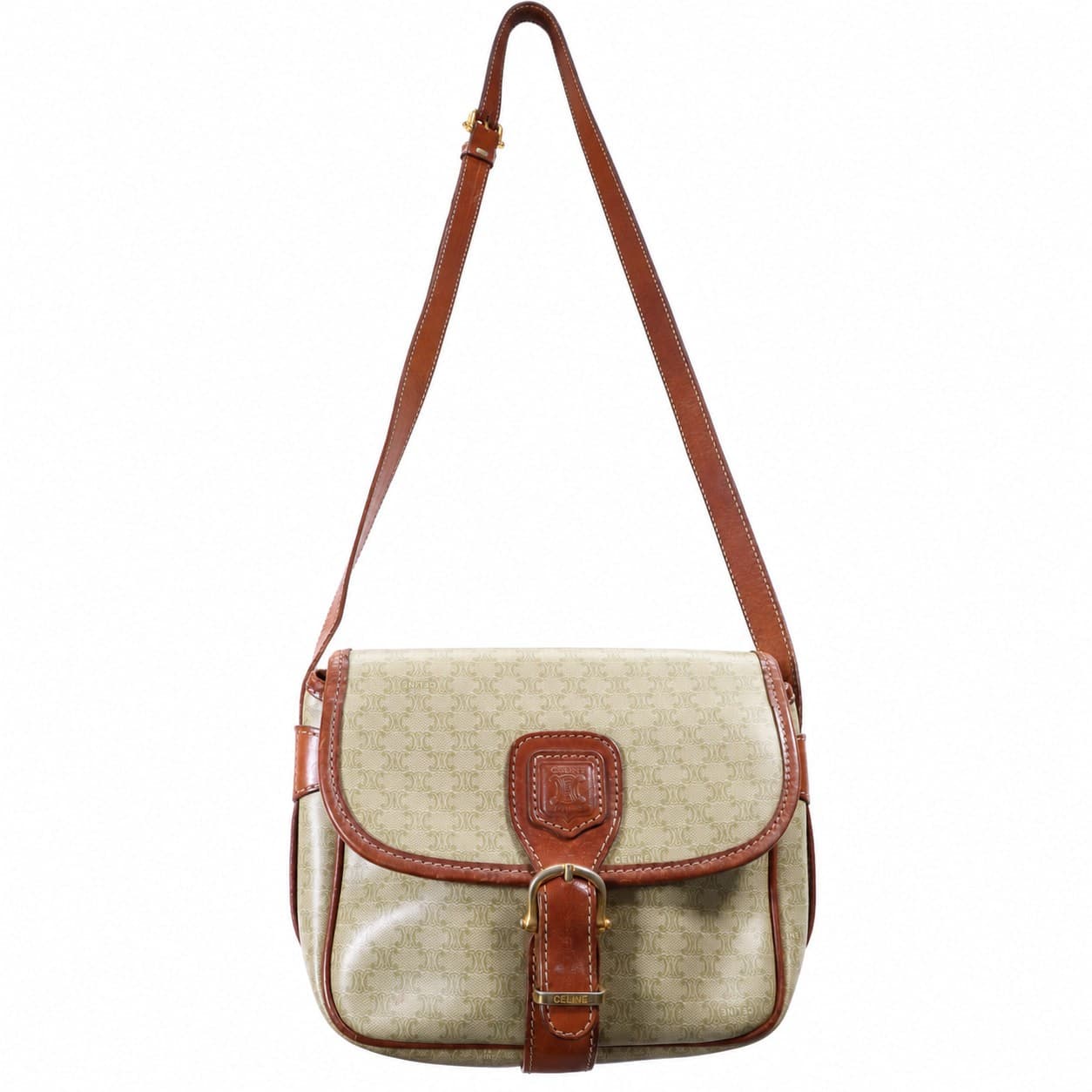 Celine Macadam Triomphe Canvas Leather Crossbody Shoulder Bag Beige Brown handbags auction on bidia.ai
