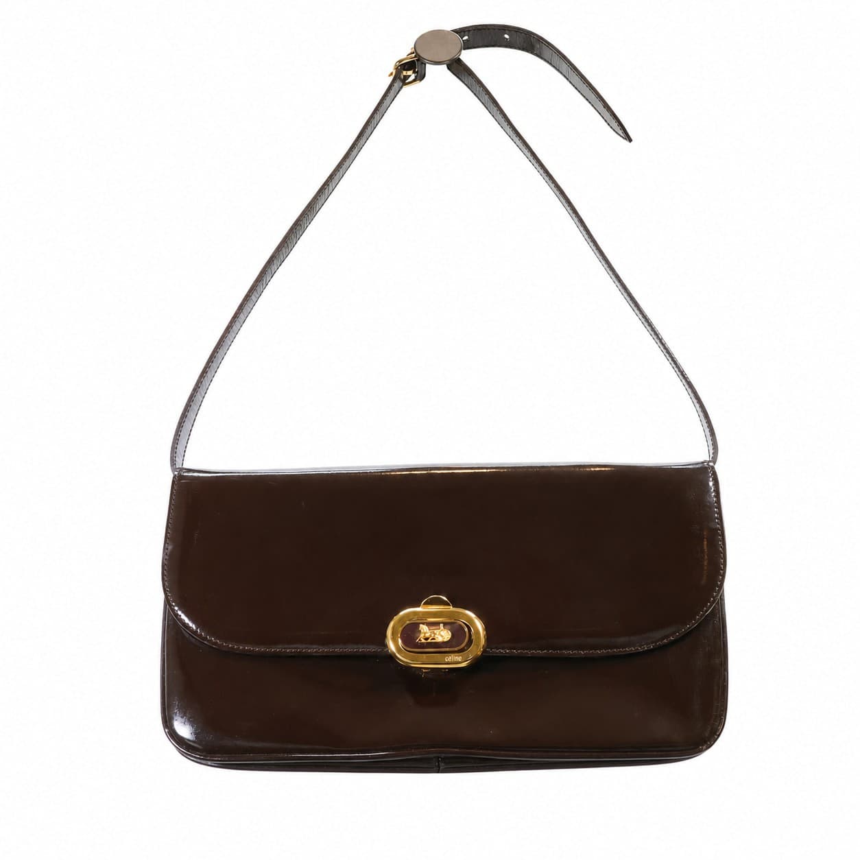 Céline Patent Leather Carriage Logo Shoulder Bag Handbag Purse Brown handbags auction on bidia.ai