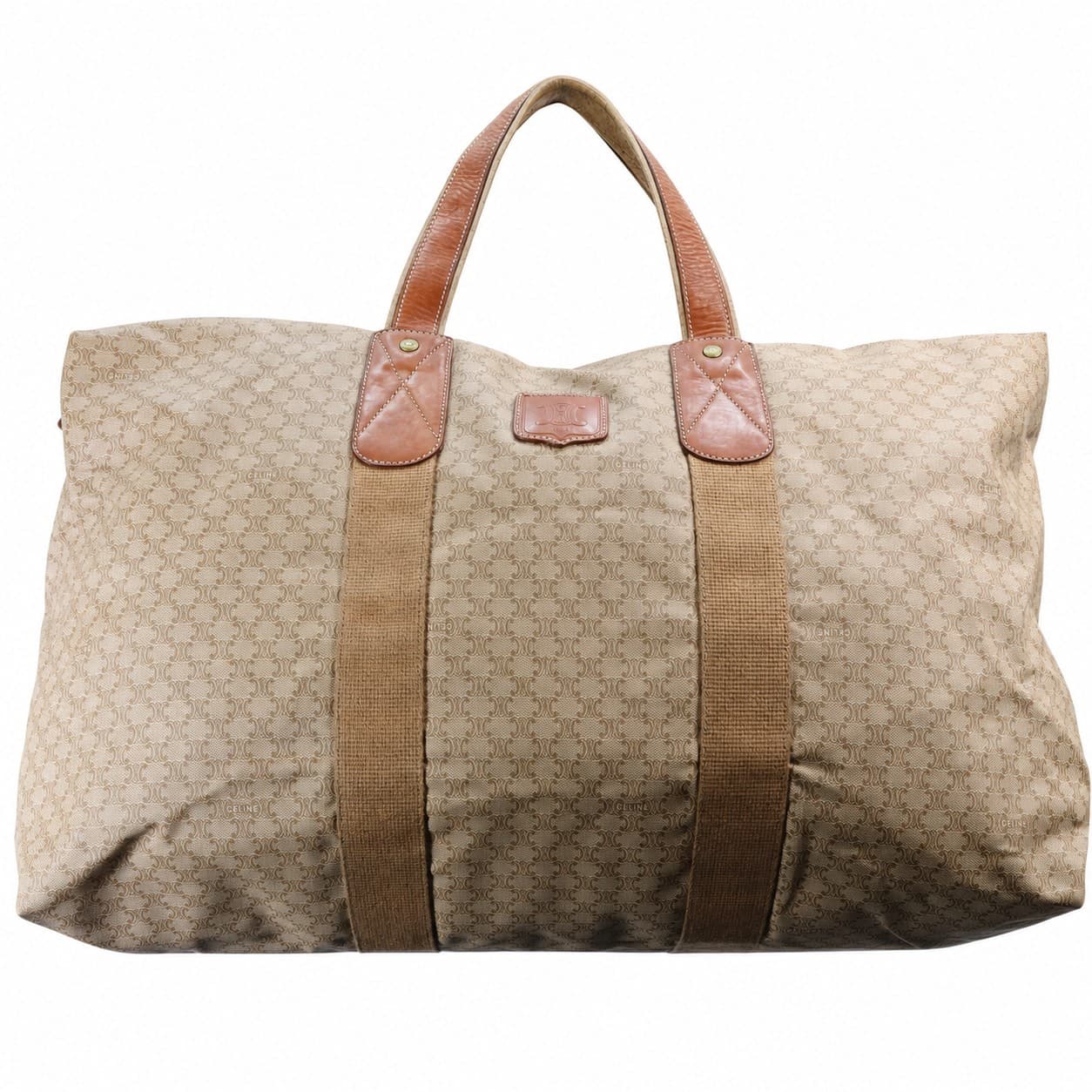 Celine Macadam Monogram Canvas Leather Duffle Travel Bag Weekender Brown Beige handbags auction on bidia.ai