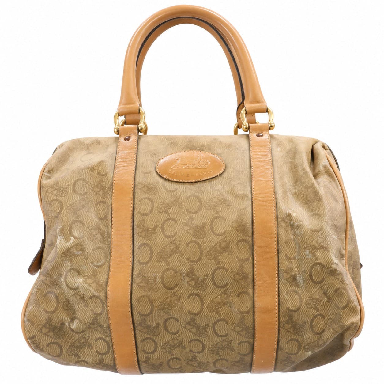 Céline Macadam Canvas Leather Boston Bowler Bag Handbag Purse Brown Tan handbags auction on bidia.ai