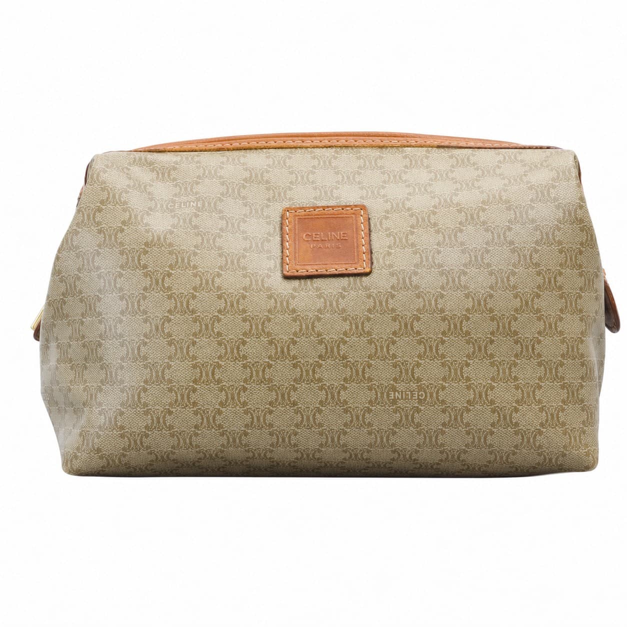 Céline Macadam Monogram Canvas Leather Cosmetic Pouch Makeup Bag Tan handbags auction on bidia.ai