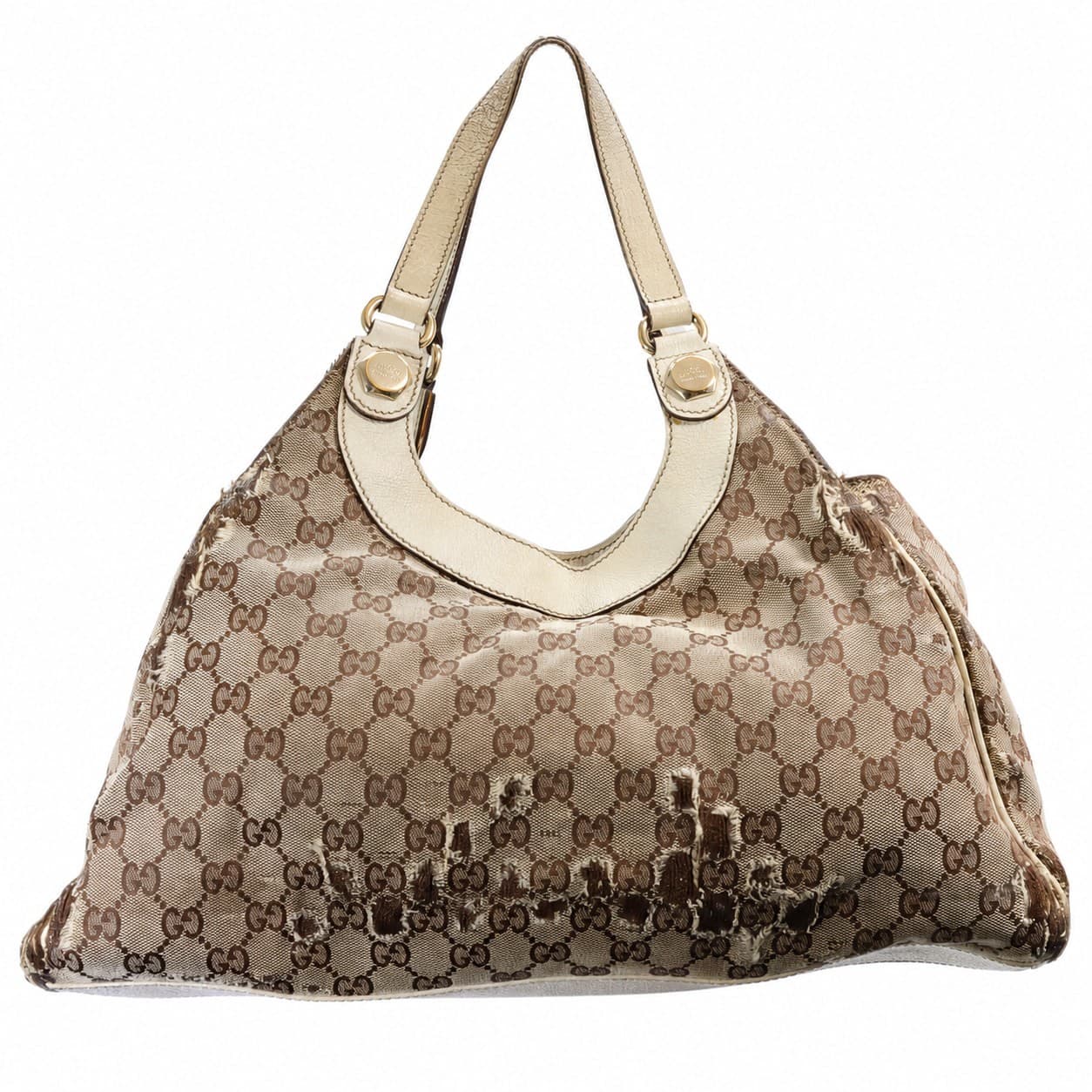 Gucci GG Canvas Ivory Leather Hobo Shoulder Bag Handbag Purse Beige handbags auction on bidia.ai