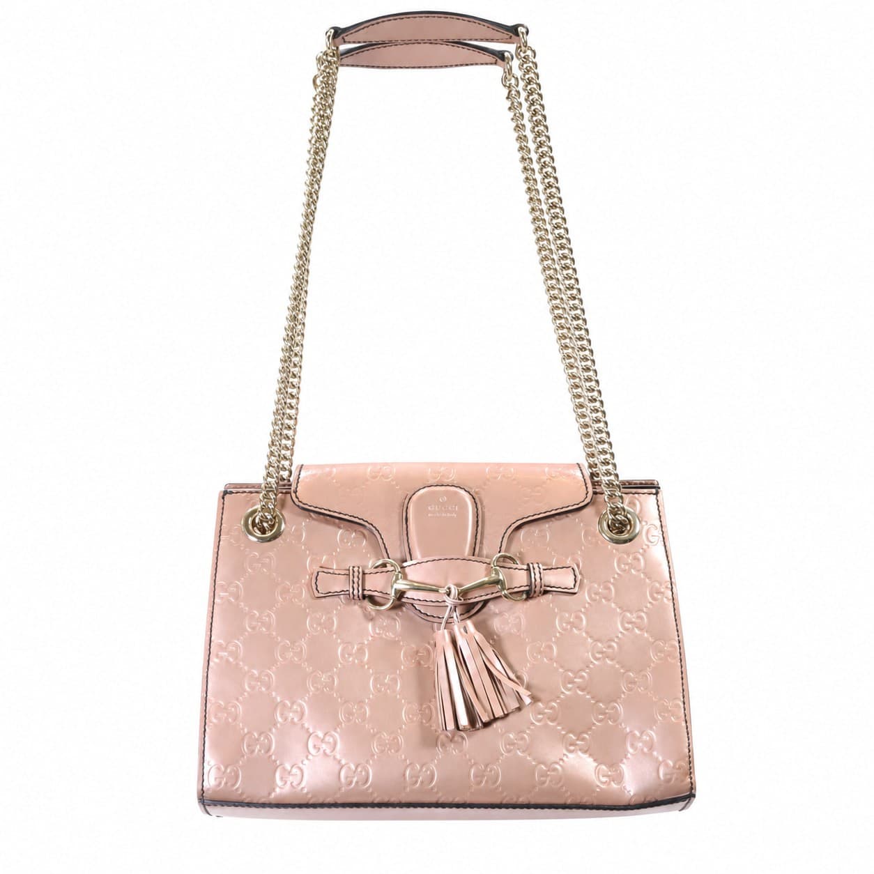 Gucci Emily Guccissima Patent Leather Shoulder Bag Handbag Purse Pink Chain handbags auction on bidia.ai