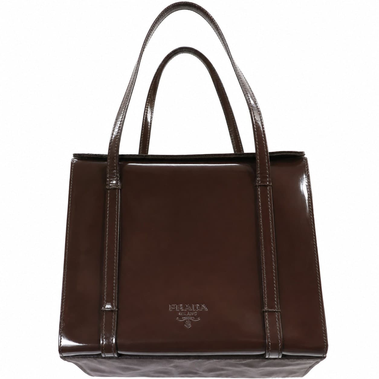 Prada Patent Leather Nylon Brown Top Handle Bag Handbag Purse handbags auction on bidia.ai