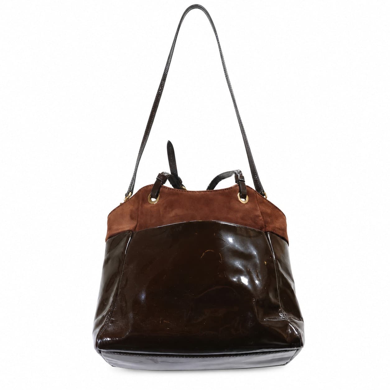 Salvatore Ferragamo Vara Bow Patent Leather Suede Shoulder Bag Handbag Tote Brown handbags auction on bidia.ai