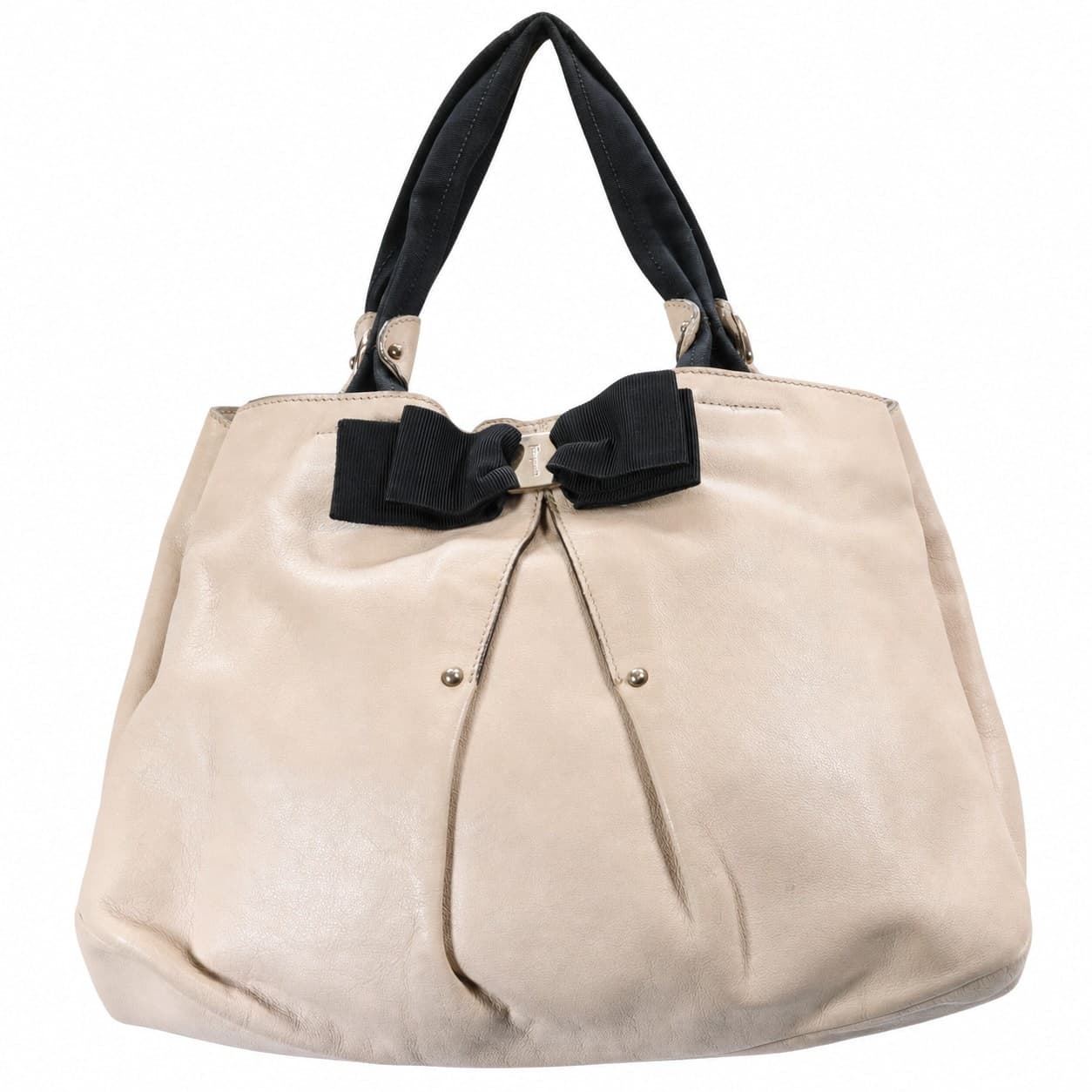 Salvatore Ferragamo Beige Leather Bow Shoulder Bag Handbag Purse handbags auction on bidia.ai