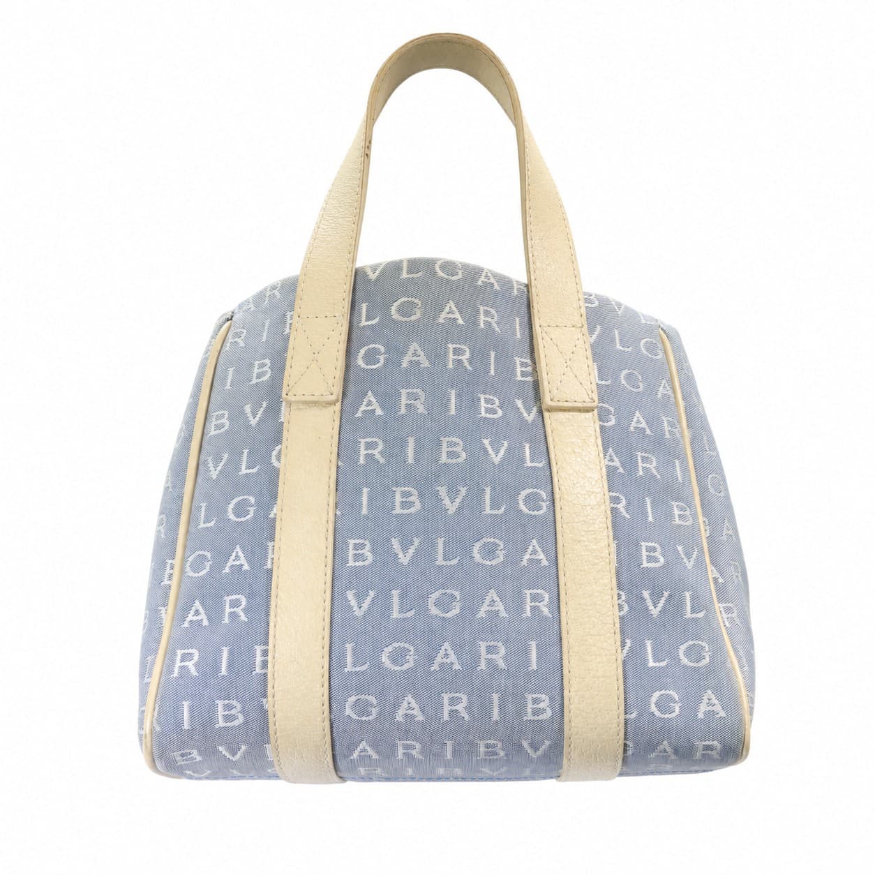 Bvlgari Logomania Canvas Leather Handbag Purse Bag Top Handle Blue Beige handbags auction on bidia.ai