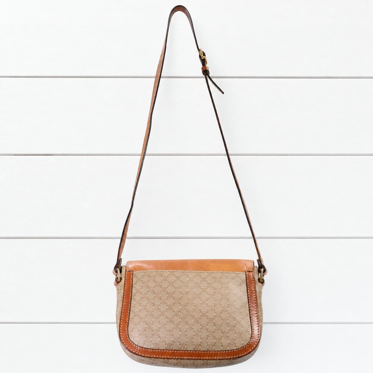 Céline Macadam Monogram Canvas Leather Crossbody Shoulder Bag Beige Brown handbags auction on bidia.ai