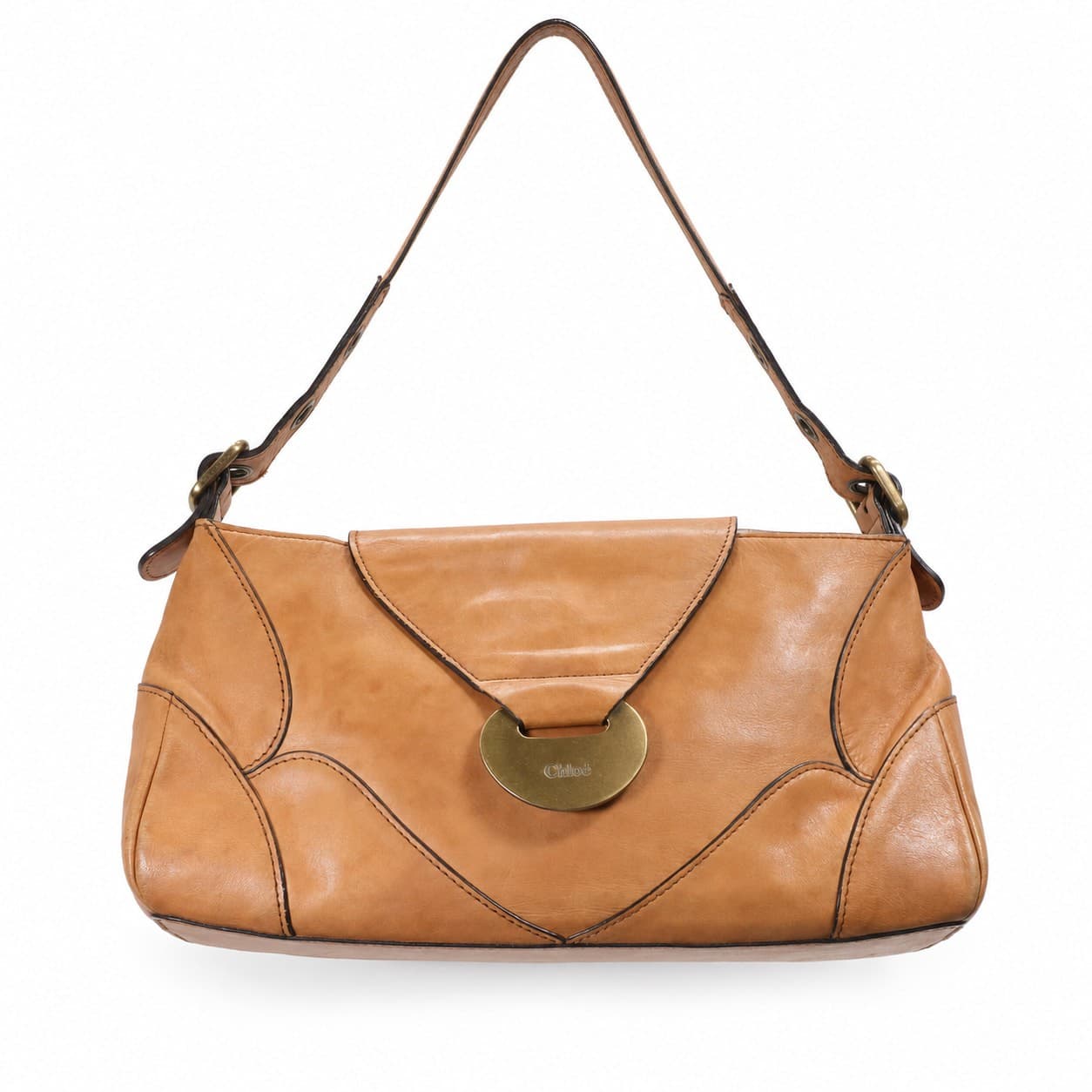 Chloé Tan Cognac Leather Shoulder Bag Handbag Purse Bay Brass Hardware handbags auction on bidia.ai