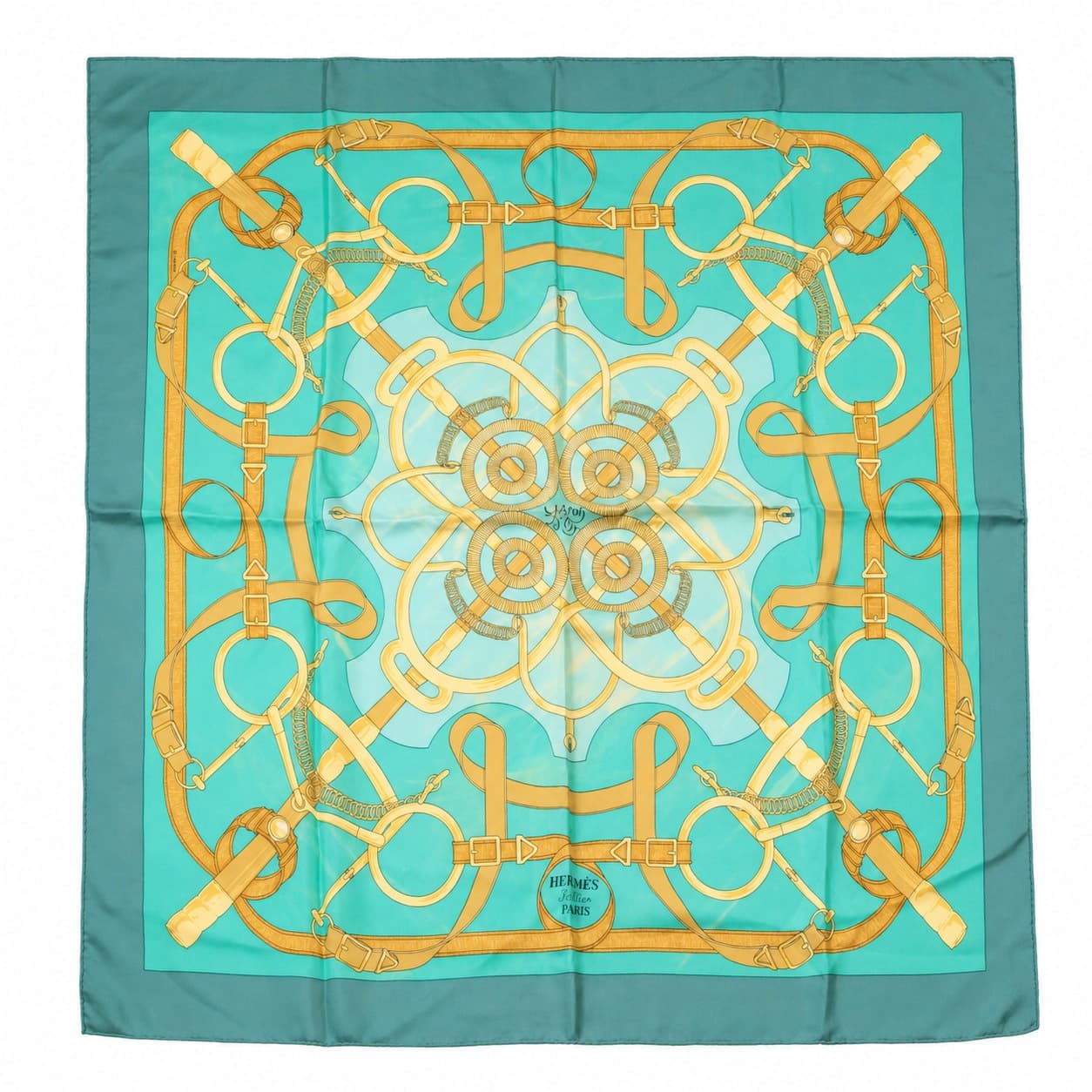 Hermès Eperon D'Or Silk Scarf Turquoise Gold Equestrian Design 90cm Carré accessories auction on bidia.ai