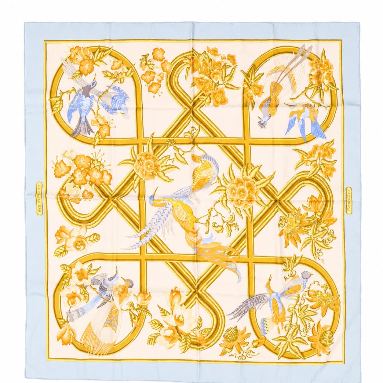 Hermès Caraibes Silk Scarf Square 90cm Yellow Blue White Christiane Vauzelles accessories auction on bidia.ai