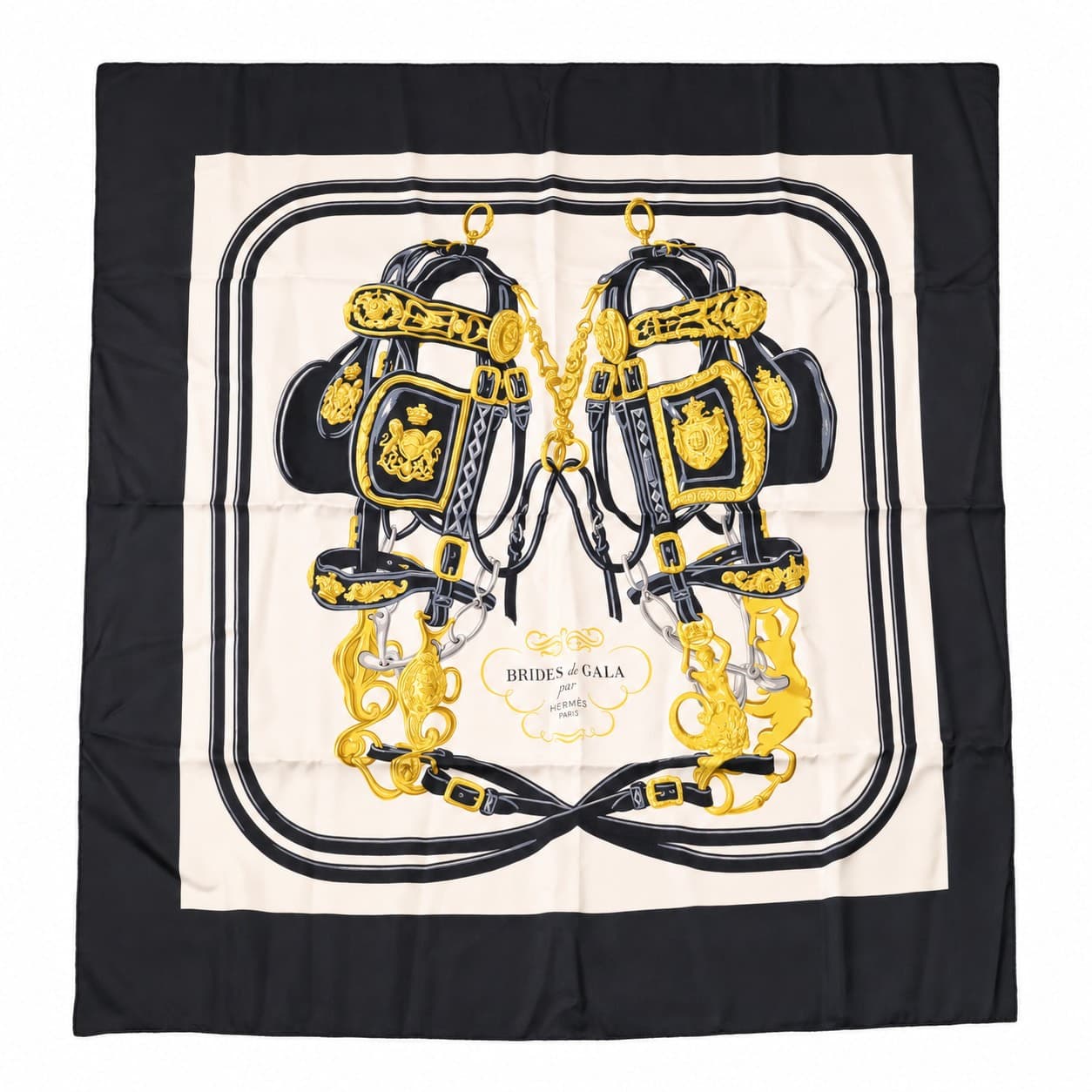Hermès Brides De Gala 90 Silk Scarf Black White Gold Equestrian accessories auction on bidia.ai