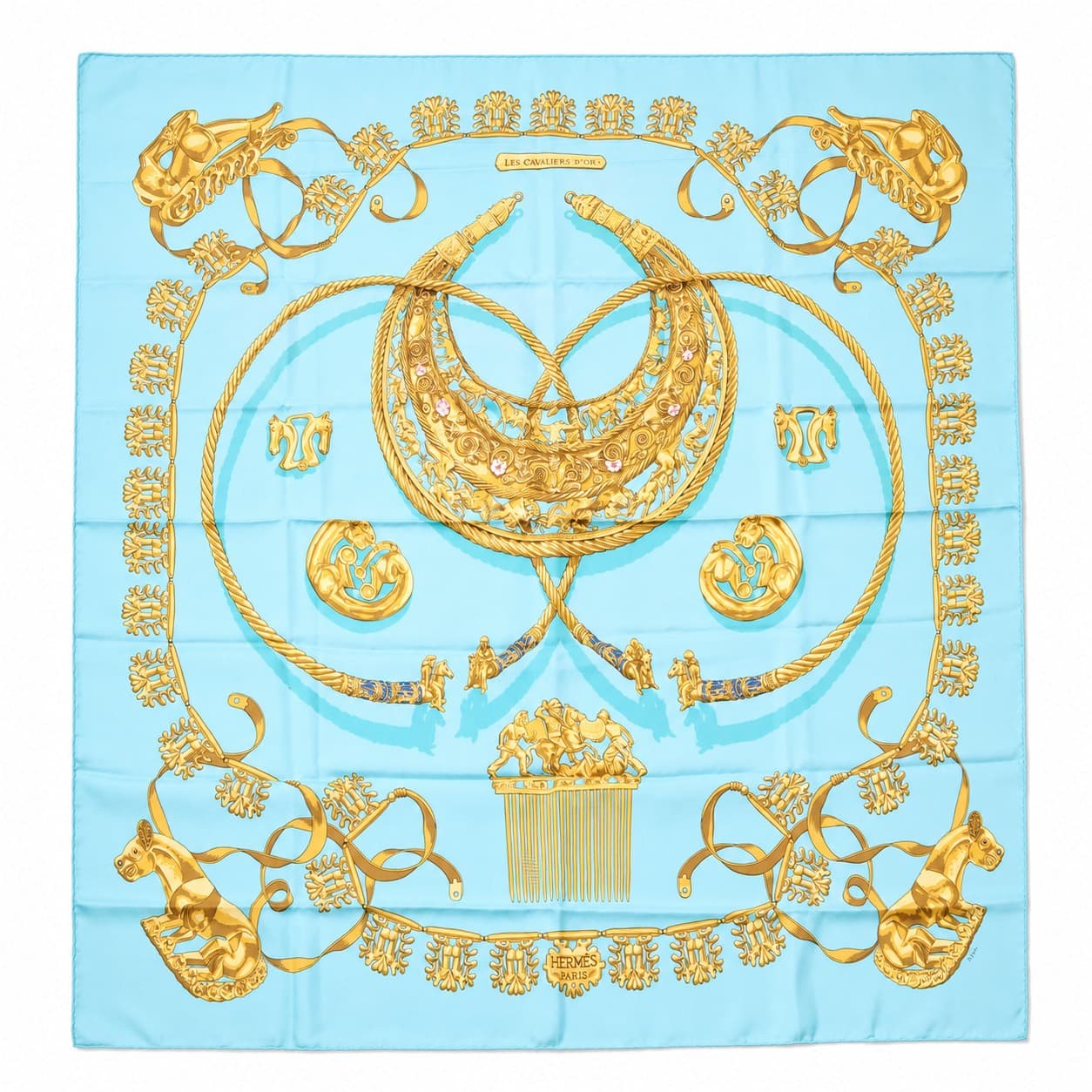 Hermès Les Cavaliers D'Or Silk Scarf 90cm Light Blue Gold Rybal accessories auction on bidia.ai