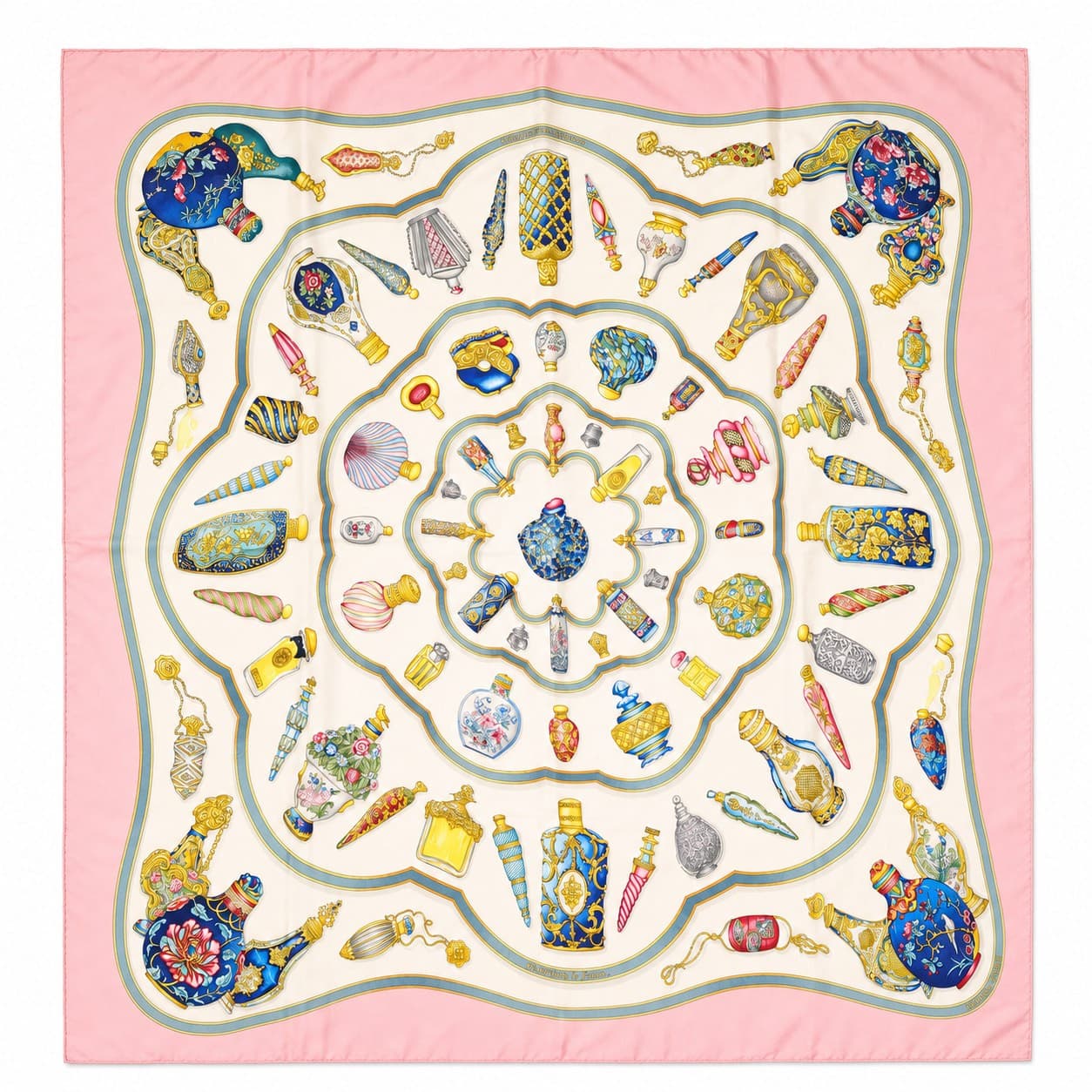 Hermès Qu'importe Le Flacon Silk Scarf Carré 90 Pink Perfume Bottle Catherine Baschet accessories auction on bidia.ai