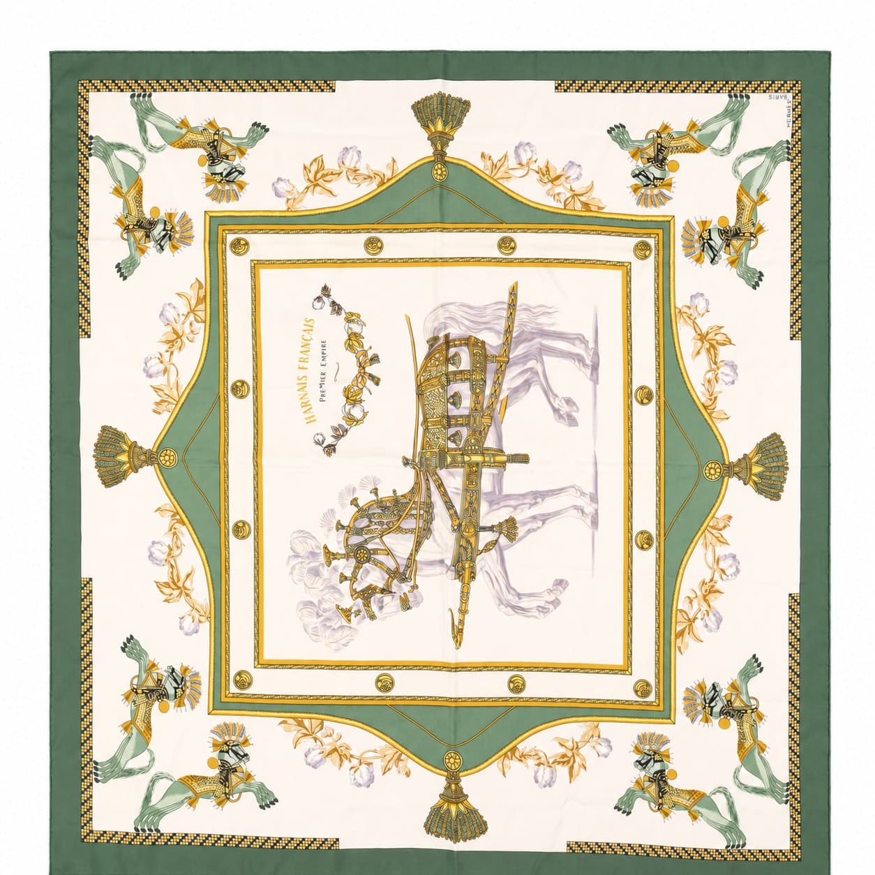 Hermès Harnais Français Premier Empire Silk Scarf 90cm Green Carré Square accessories auction on bidia.ai