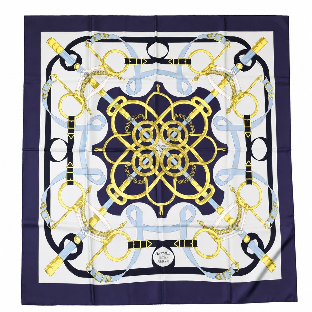 Hermès Eperon D'Or Silk Scarf 90 Navy Multicolor Henri D'Origny Carré accessories auction on bidia.ai