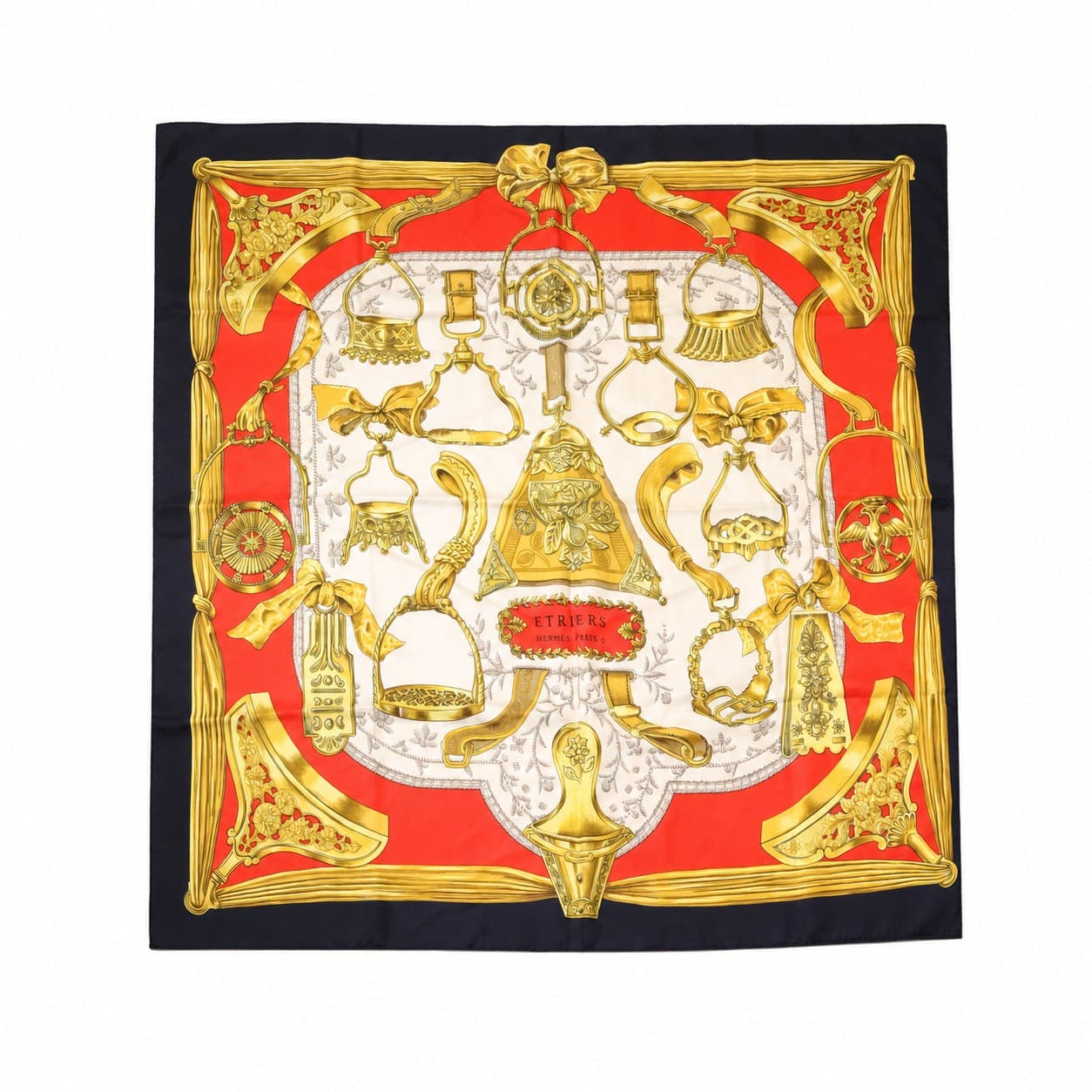 Hermès Etriers Silk Scarf 90cm Red Gold Cream Black Françoise De La Perrière accessories auction on bidia.ai