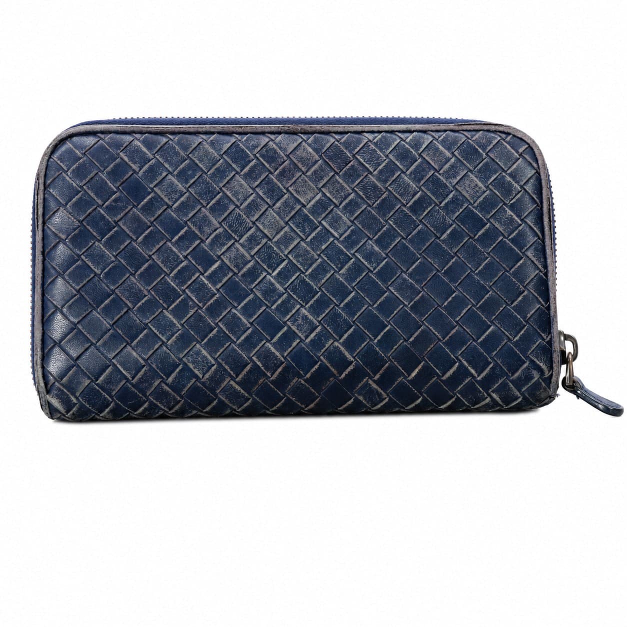 Bottega Veneta Intrecciato Woven Leather Zip Around Wallet Organizer Navy Blue handbags auction on bidia.ai