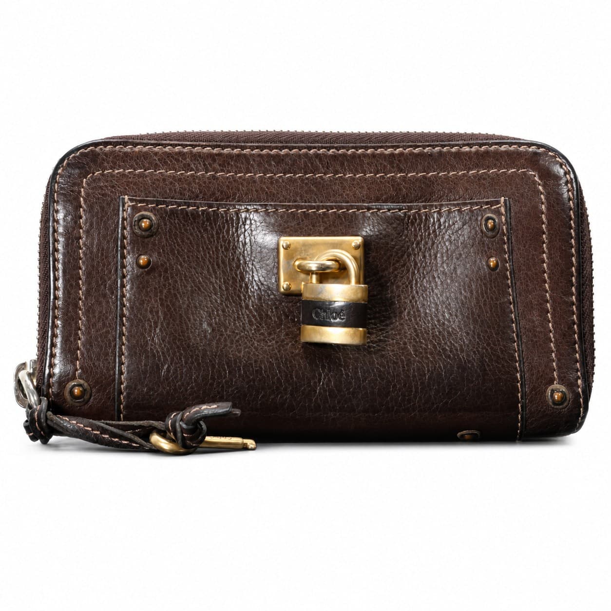 Chloé Paddington Brown Leather Zip-Around Wallet Clutch Padlock handbags auction on bidia.ai