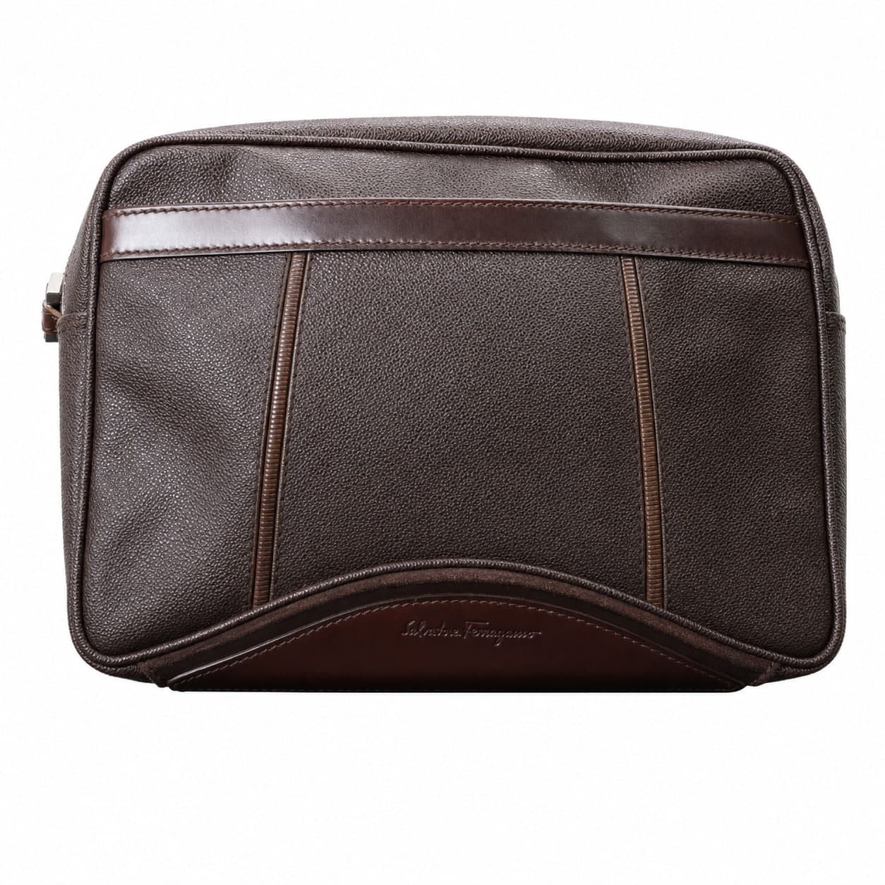Salvatore Ferragamo Brown Pebbled Leather Toiletry Bag Clutch Pouch handbags auction on bidia.ai