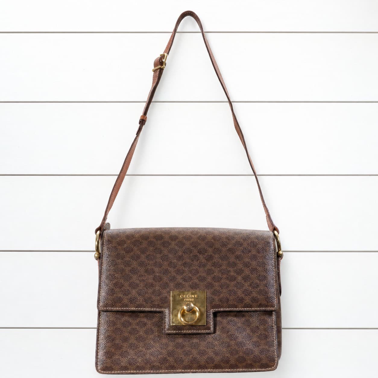 Céline Macadam Monogram Canvas Leather Shoulder Bag Crossbody Purse Brown handbags auction on bidia.ai