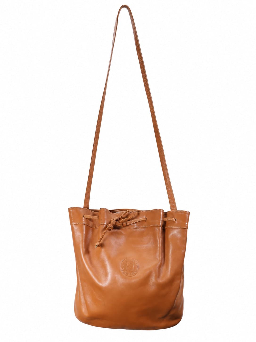 Fendi Leather Bucket Bag Drawstring Shoulder Crossbody Handbag Purse Tan handbags auction on bidia.ai