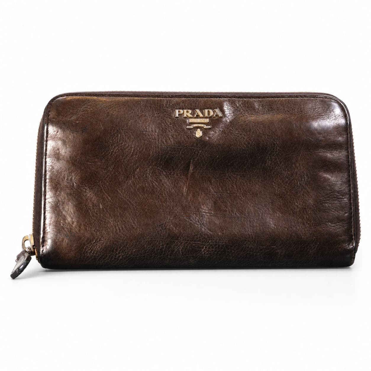 Prada Brown Leather Zip Around Continental Wallet Purse handbags auction on bidia.ai