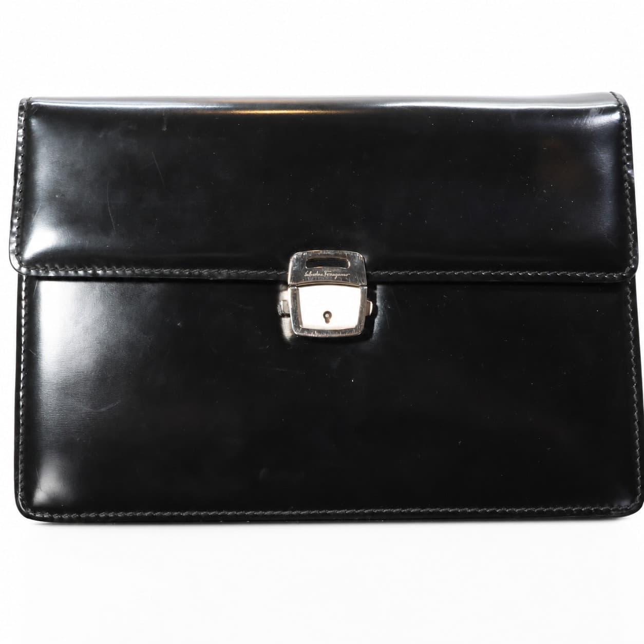 Salvatore Ferragamo Black Leather Briefcase Clutch Portfolio Bag Handbag Purse handbags auction on bidia.ai
