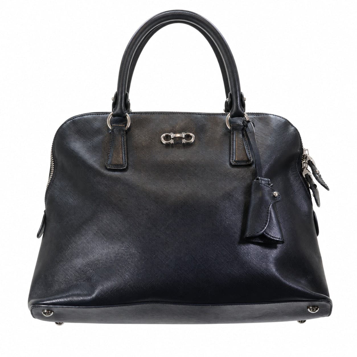 Salvatore Ferragamo Black Saffiano Leather Gancini Dome Satchel Handbag Purse Bag Top Handle handbags auction on bidia.ai