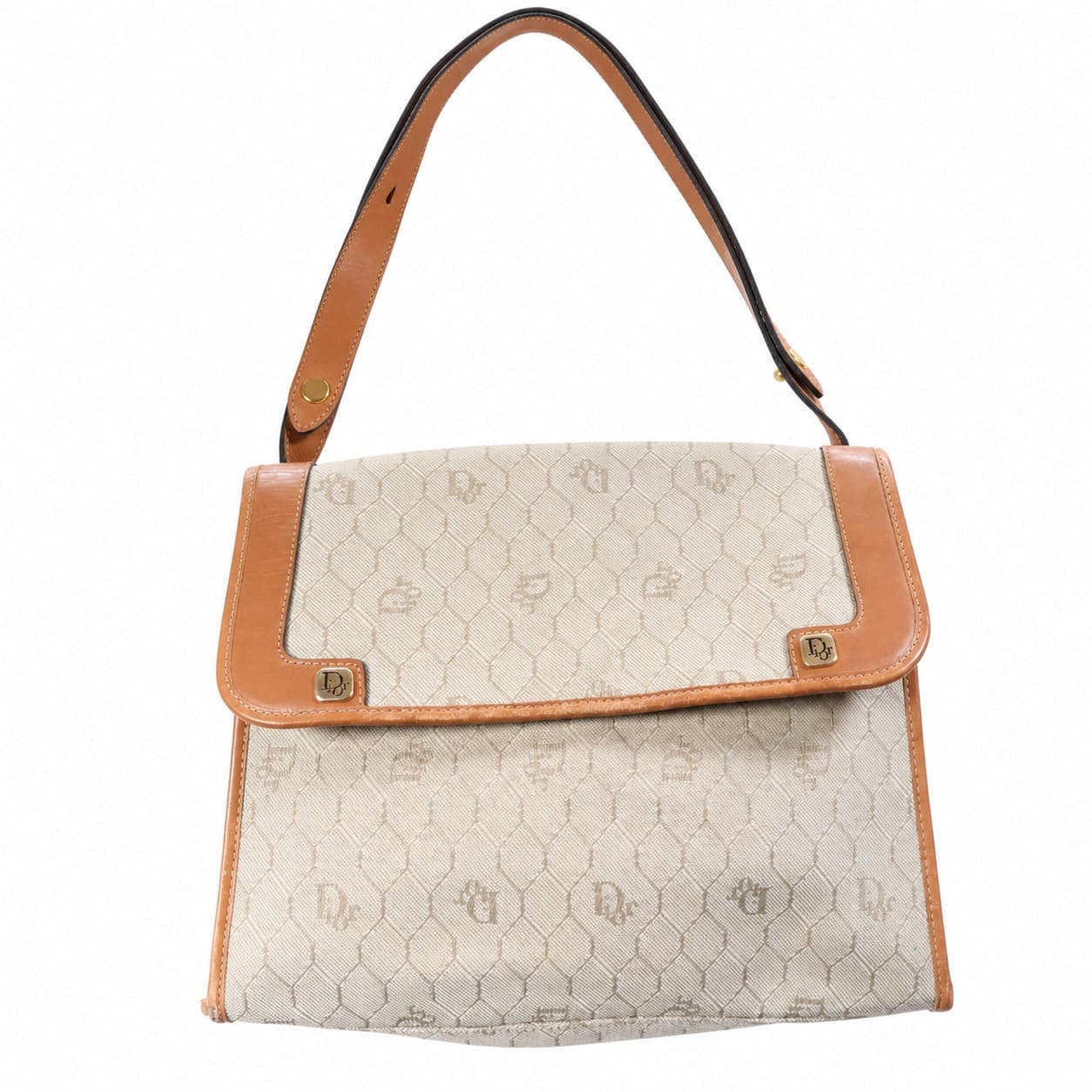 Christian Dior Honeycomb Canvas Leather Shoulder Bag Handbag Purse Beige Tan handbags auction on bidia.ai