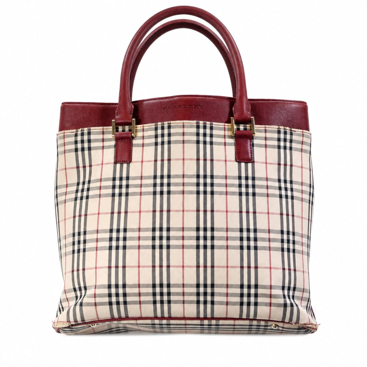 Burberry Haymarket Check Coated Canvas Burgundy Leather Tote Handbag Purse Bag handbags auction on bidia.ai