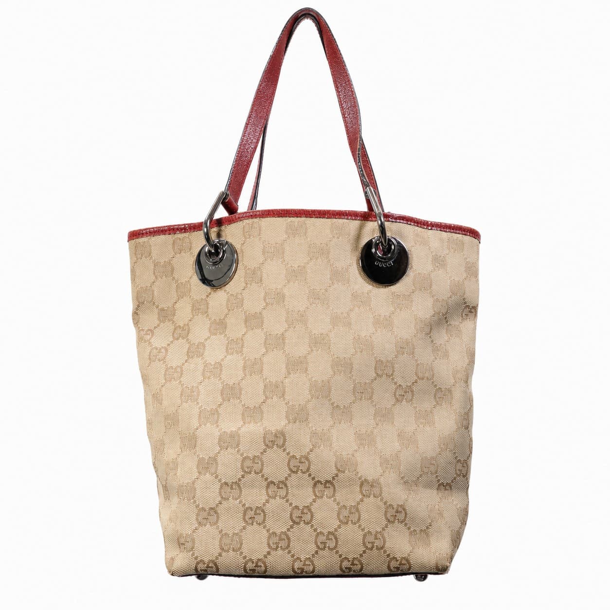 Gucci GG Canvas Red Leather Tote Shoulder Bag Handbag Purse Beige handbags auction on bidia.ai
