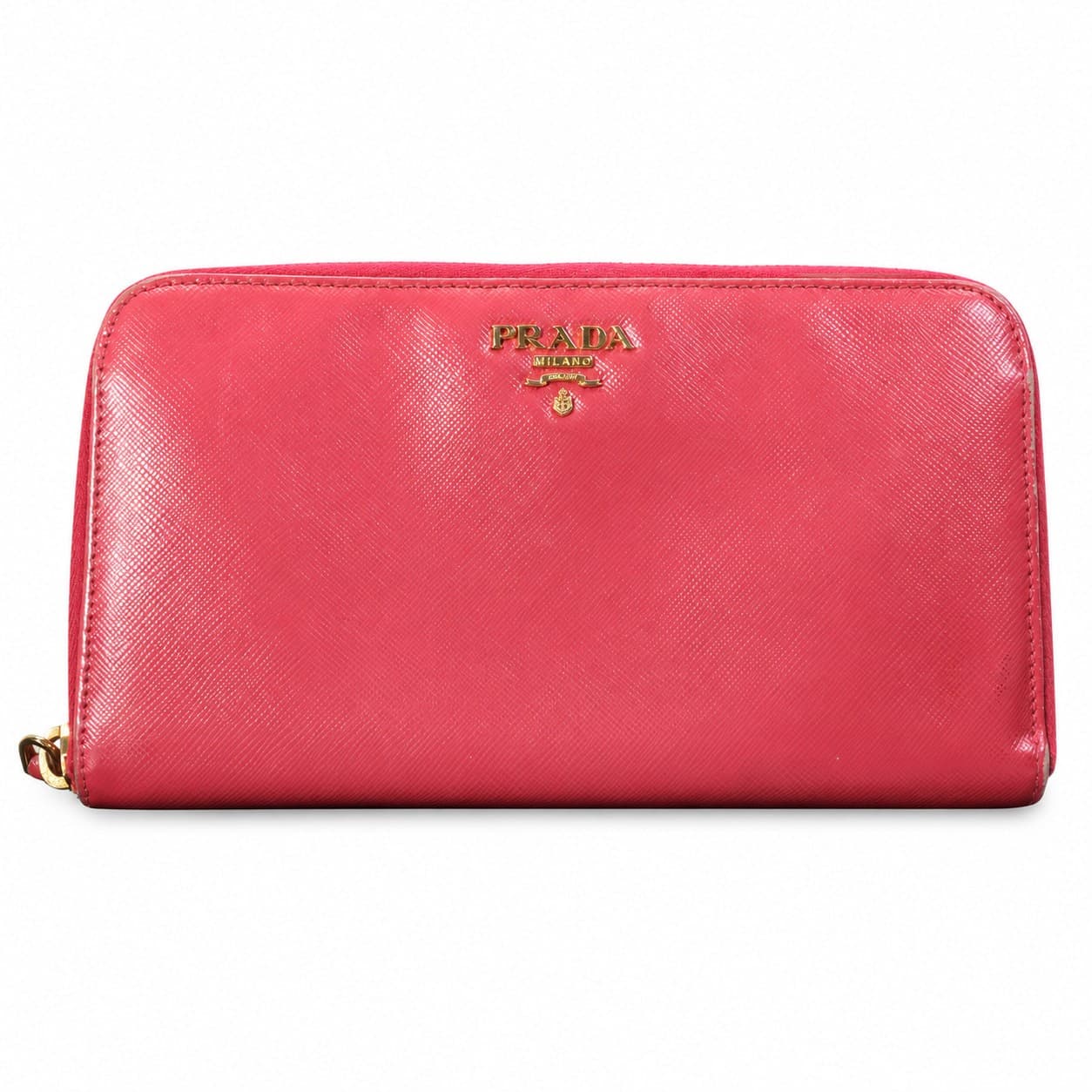 Prada Saffiano Leather Zip Around Continental Wallet Pink Coral Gold Hardware handbags auction on bidia.ai