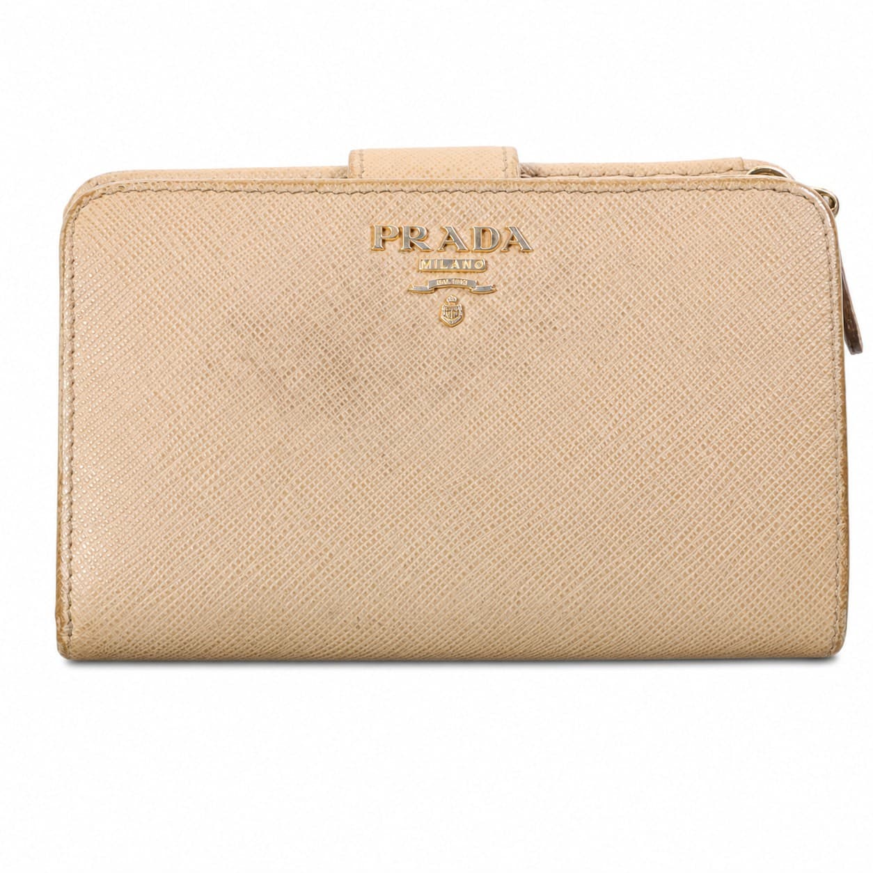 Prada Saffiano Leather Bifold Wallet Cipria Beige Gold Hardware Snap Closure handbags auction on bidia.ai