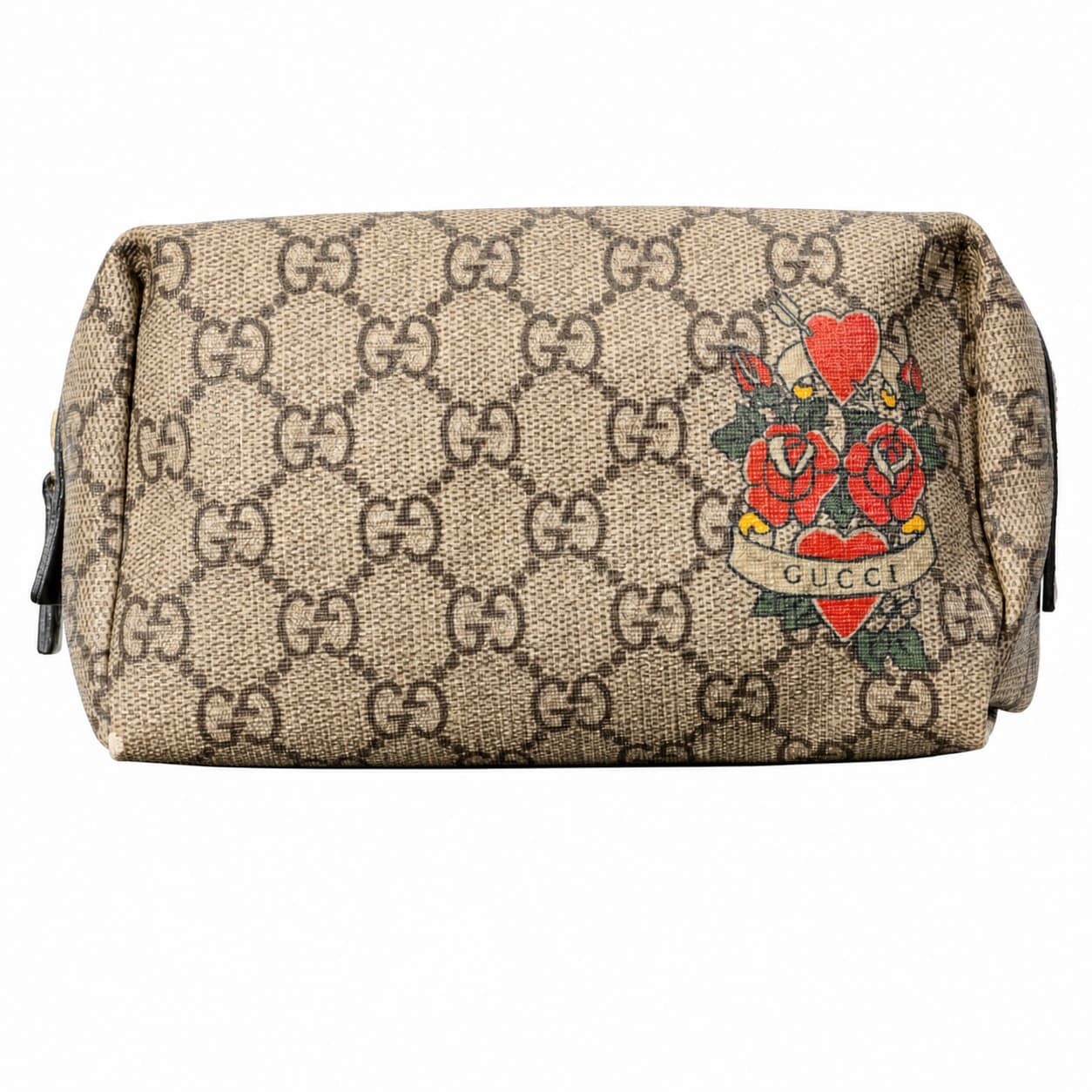 Gucci GG Supreme Heart Tattoo Print Cosmetic Pouch Bag Canvas Leather Beige handbags auction on bidia.ai