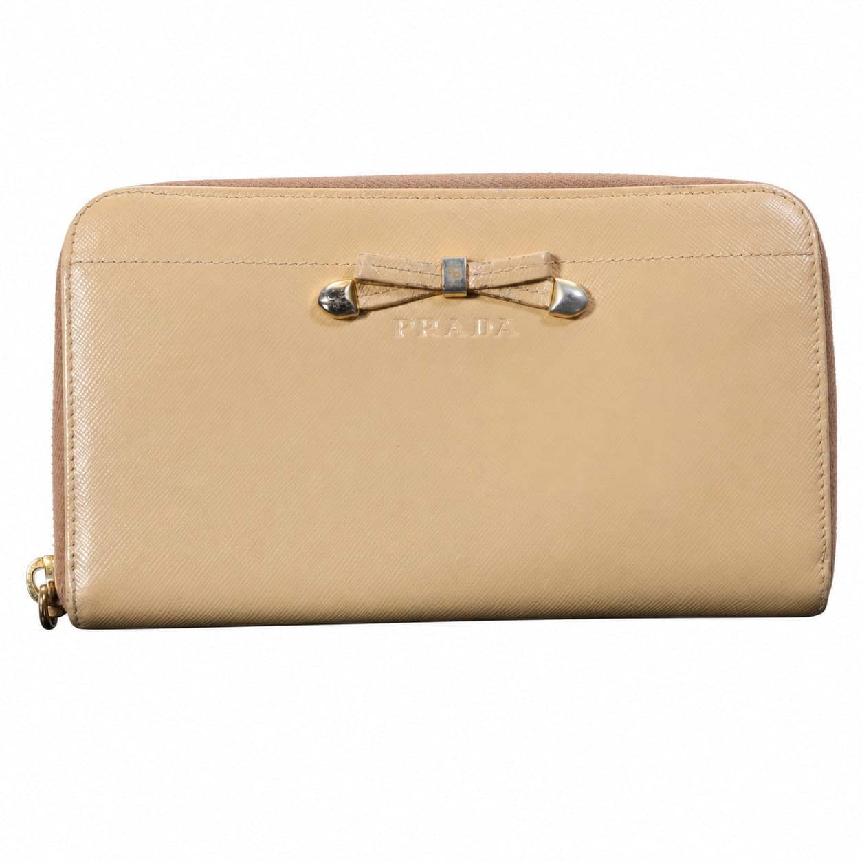 Prada Saffiano Leather Bow Zip Around Continental Wallet Beige Cammeo handbags auction on bidia.ai