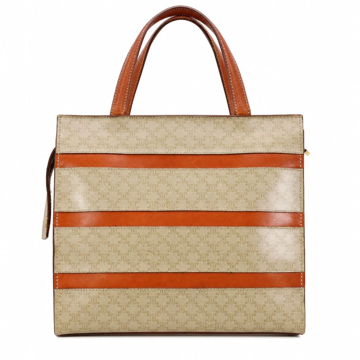 Celine Macadam Striped Canvas Leather Top Handle Handbag Bag Beige Cognac handbags auction on bidia.ai