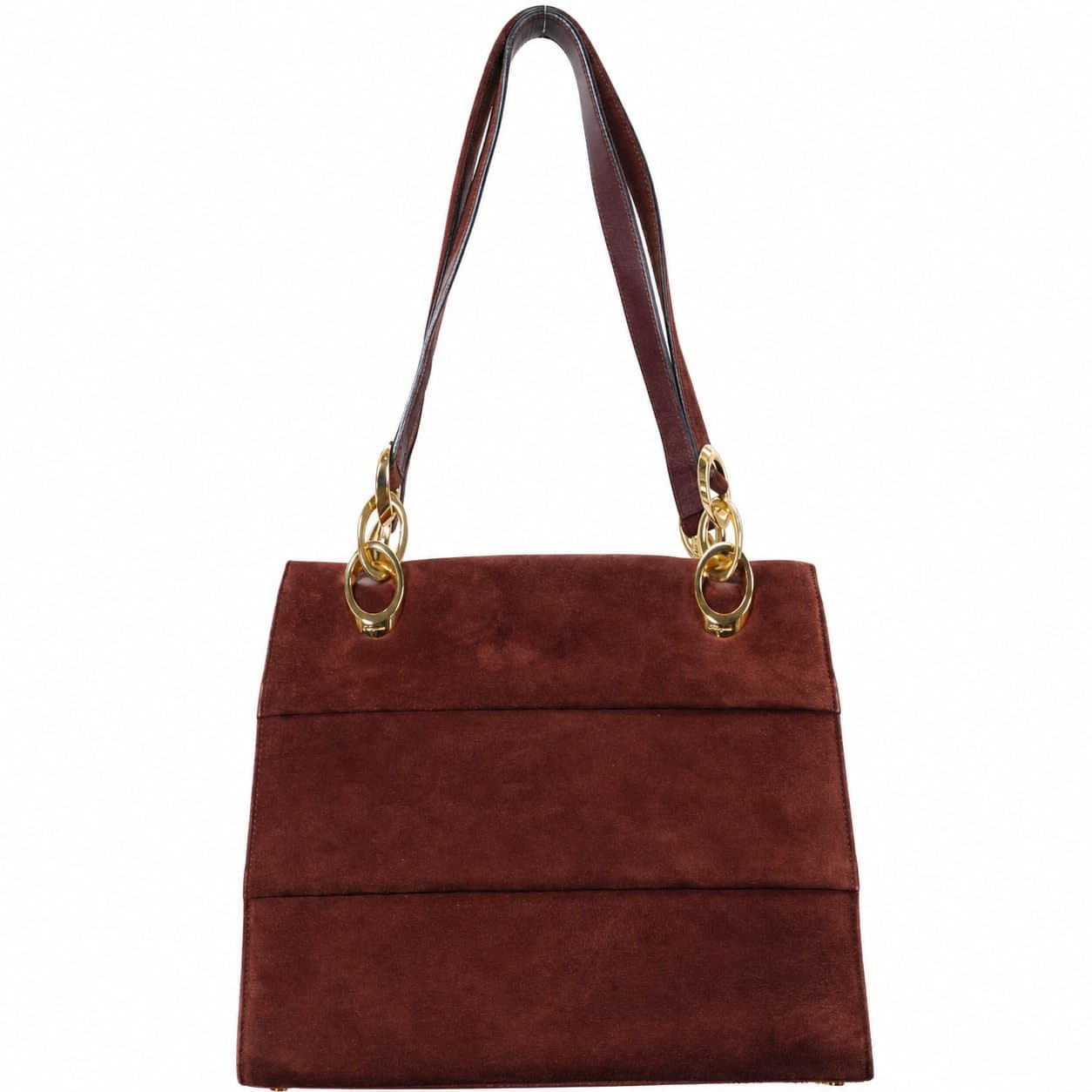 Salvatore Ferragamo Suede Shoulder Bag Handbag Purse Burgundy Gold Hardware handbags auction on bidia.ai