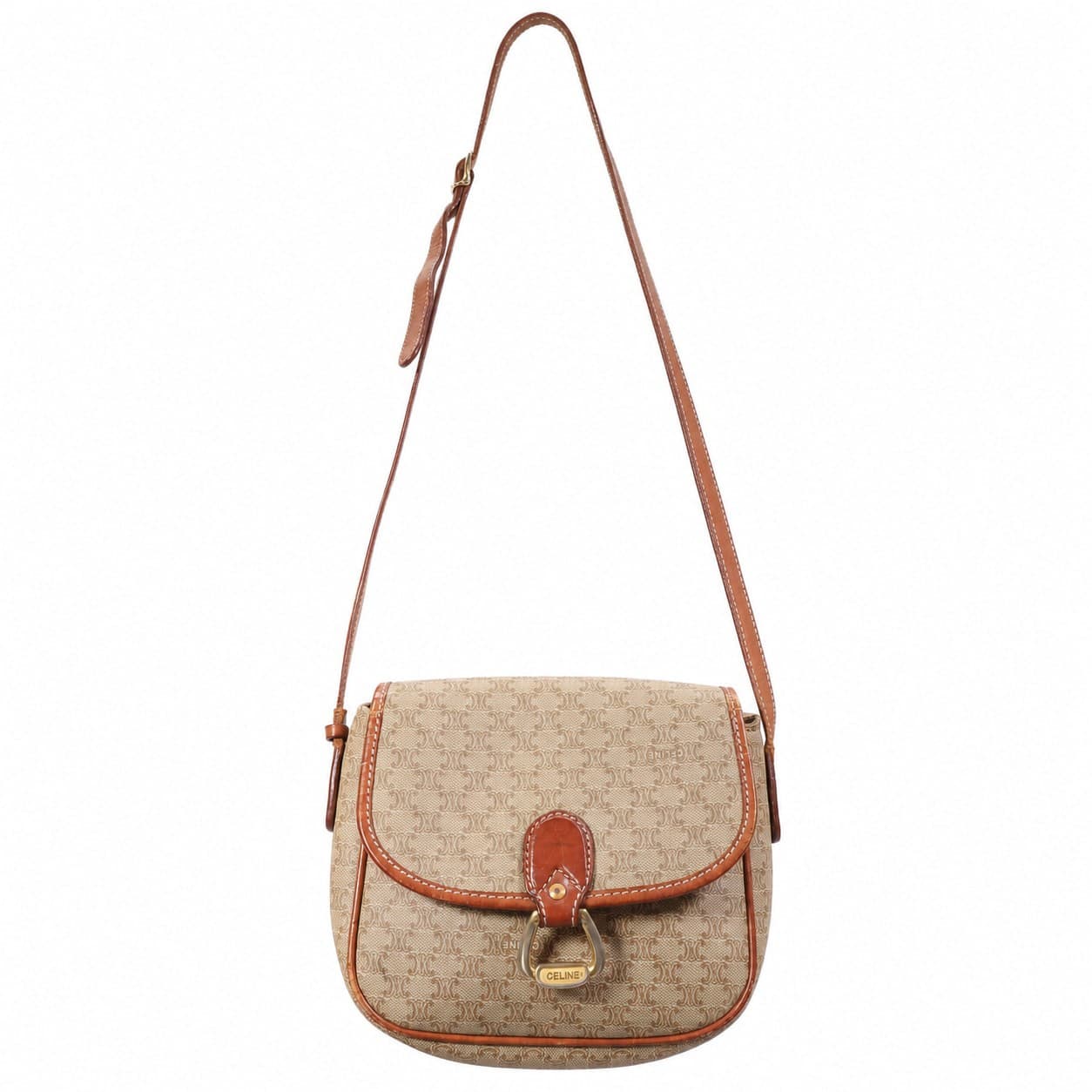 Céline Macadam Monogram Canvas Leather Crossbody Shoulder Bag Beige Brown handbags auction on bidia.ai
