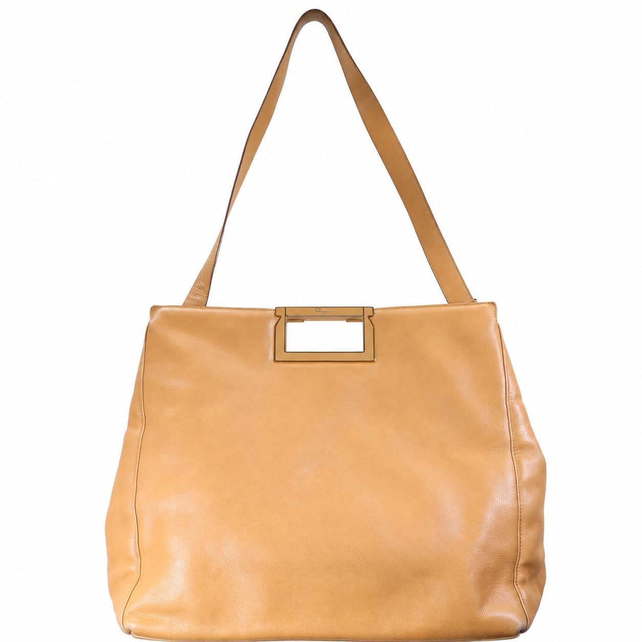 Salvatore Ferragamo Tan Leather Shoulder Bag Handbag Tote Purse Cutout Handle handbags auction on bidia.ai