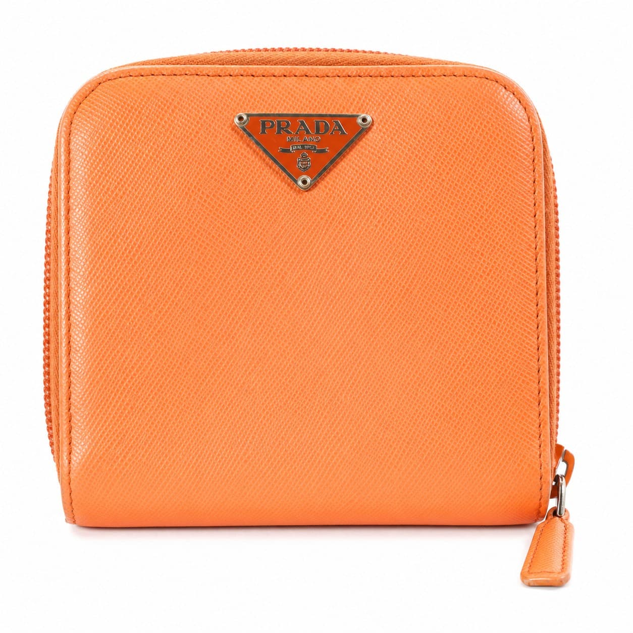 Prada Saffiano Leather Compact Bifold Wallet Orange handbags auction on bidia.ai
